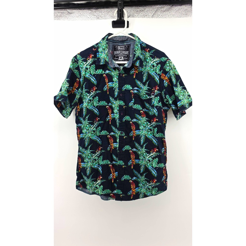 Broken Threads Men's L Cotton Woven Tropical Parrot Palm Button-Up Shirt